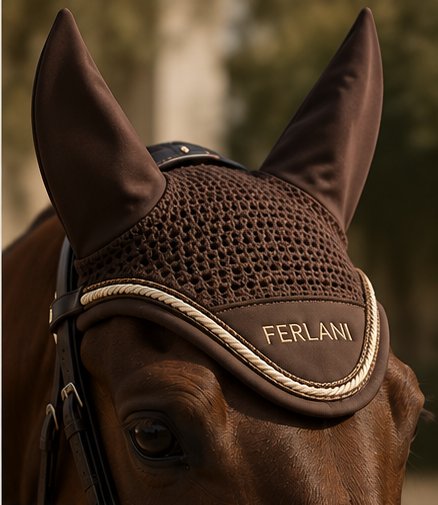 Dettaglio della cuffia FERLANI marrone con bordo in cordoncino oro
