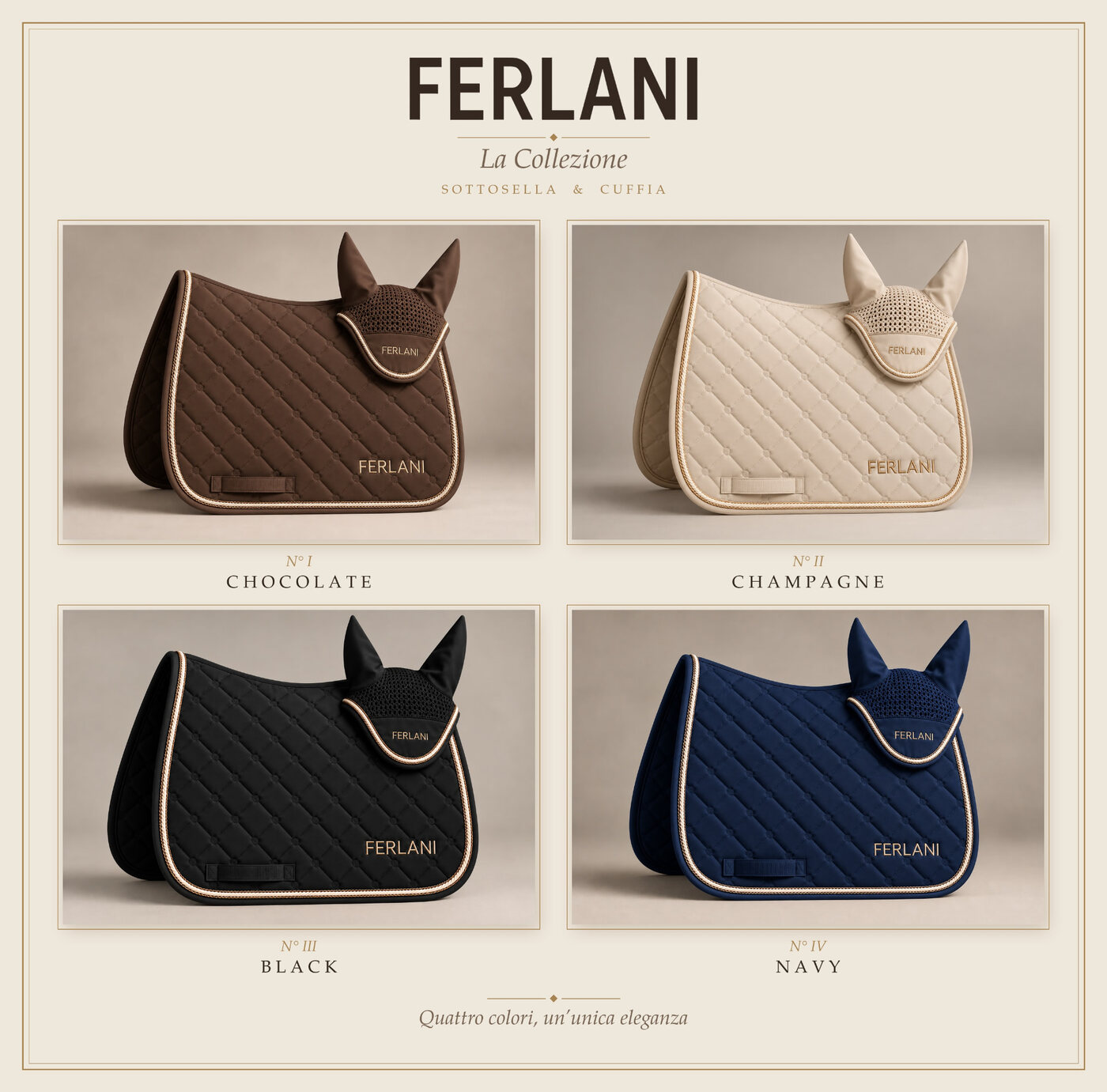 Sottosella e cuffie FERLANI nei colori Chocolate, Champagne, Black e Navy