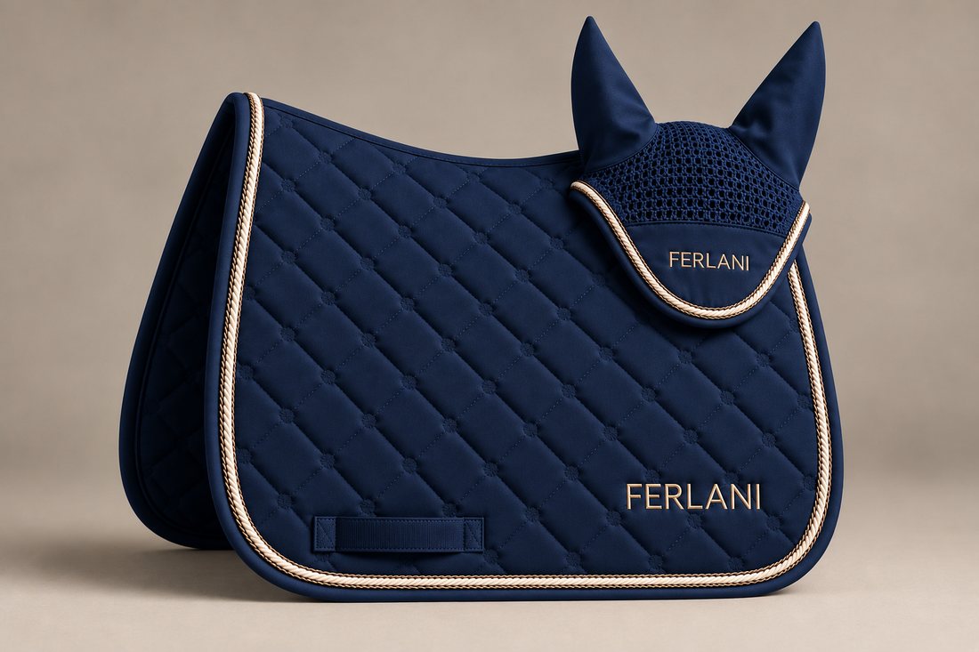 Sottosella e cuffia FERLANI Navy con dettagli e firma ricamata in oro
